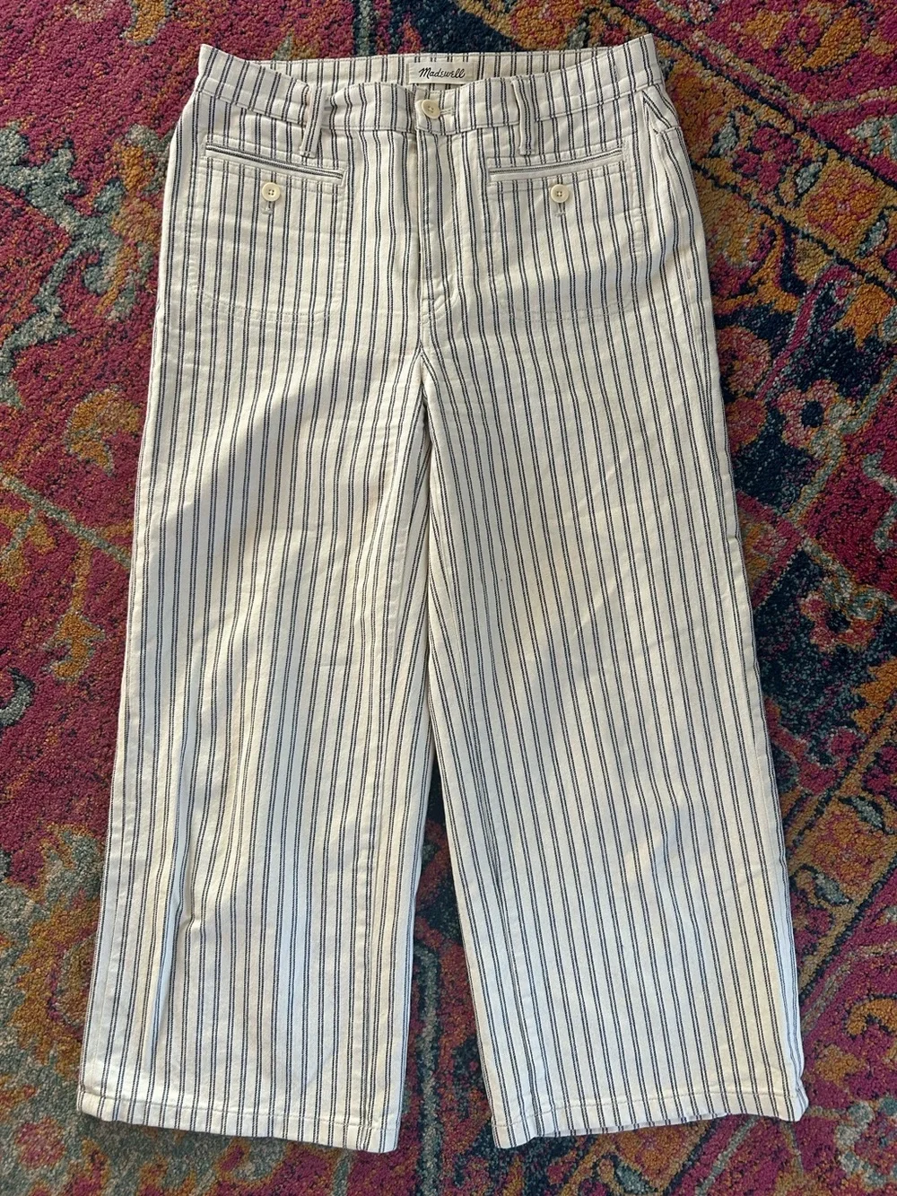 Madewell | Women’s Cream/Navy Double Pinstripe Wide Leg Cropped Pants Size 27